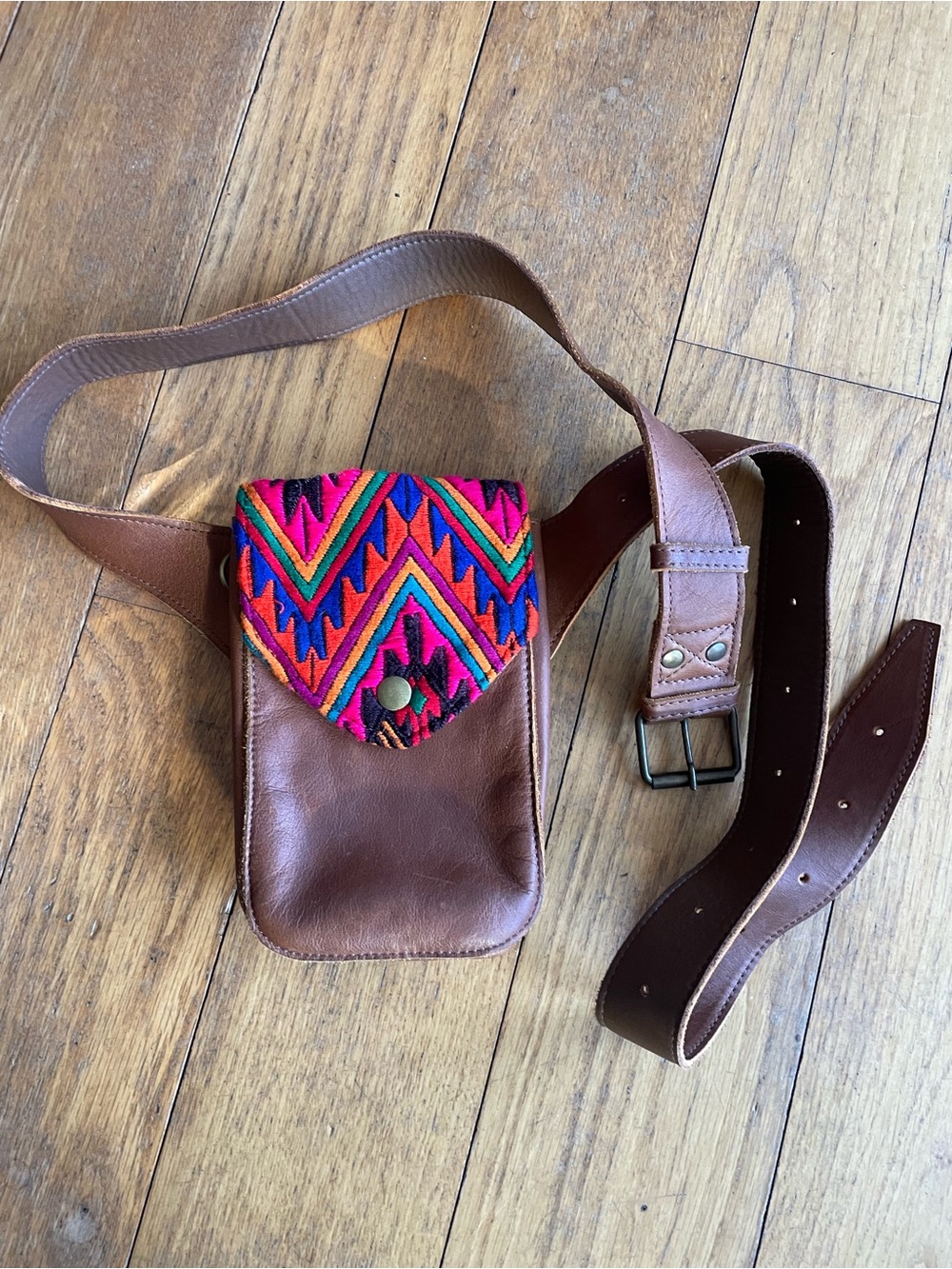 Nena & Co. Brown Leather Hip Satchel with Multicolor Embroidered Flap